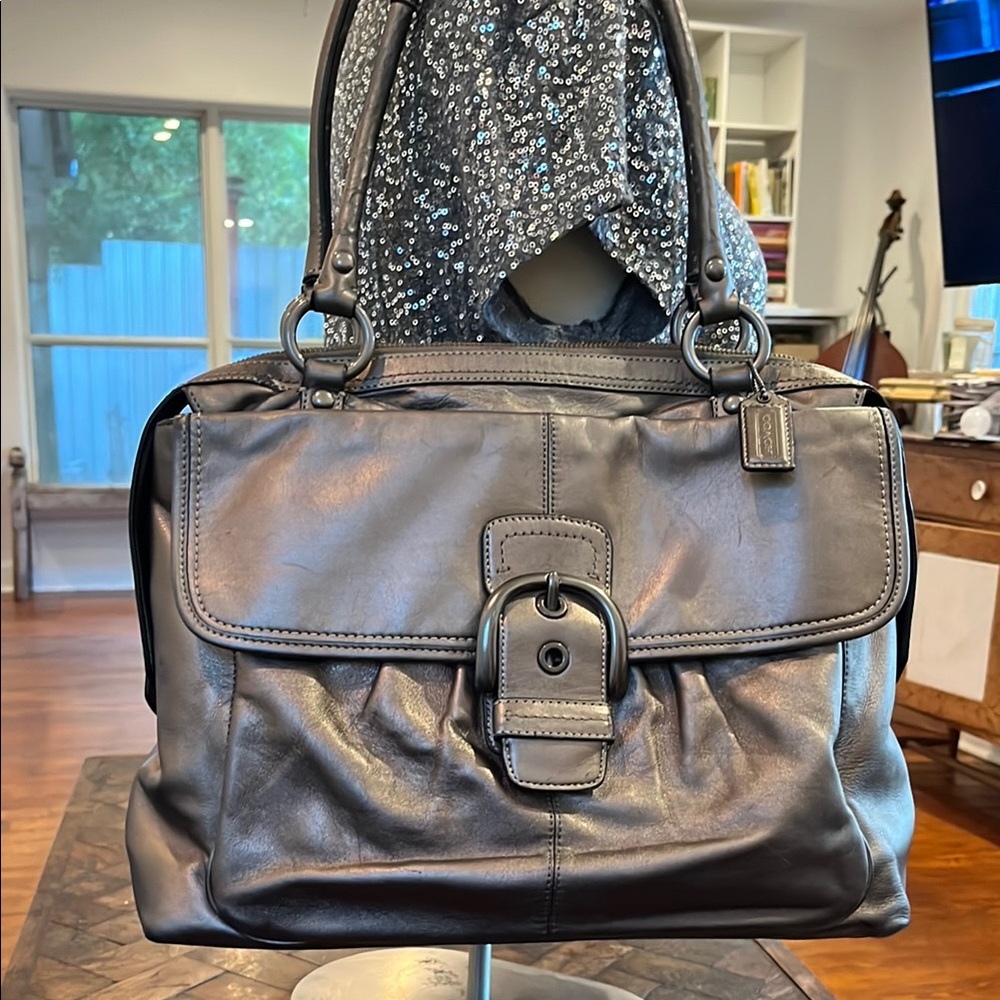 🩶 COACH Pewter Leather Tote Satchel Laptop Sized Bag STUNNING